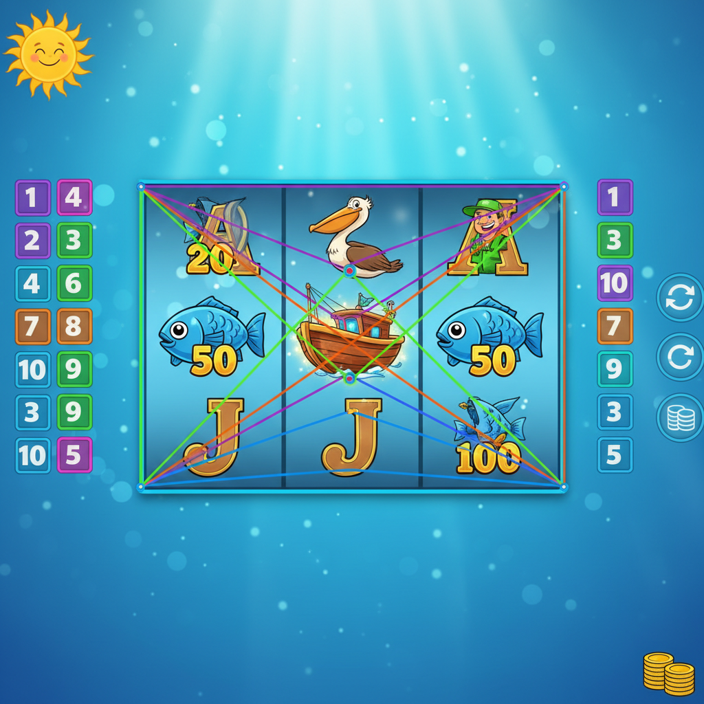 Fishin' Frenzy 5x3 reel grid layout with coloured paylines highlighted across the reels against an underwater background