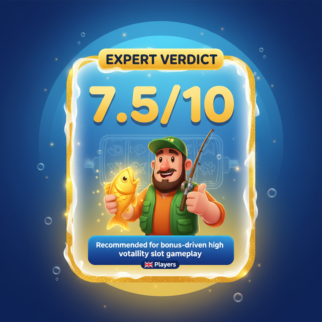Fishin' Frenzy expert verdict showing overall rating of 7.5 out of 10, recommended for UK players seeking bonus-driven high volatility slot gameplay
