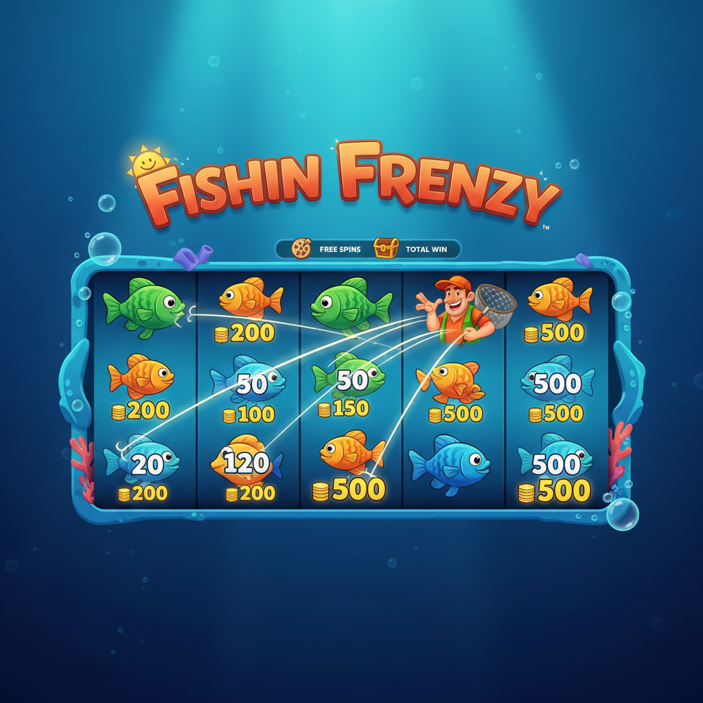 Fishin' Frenzy Free Spins bonus round screen showing Fisherman Wild collecting cash prizes from fish symbols on the reels