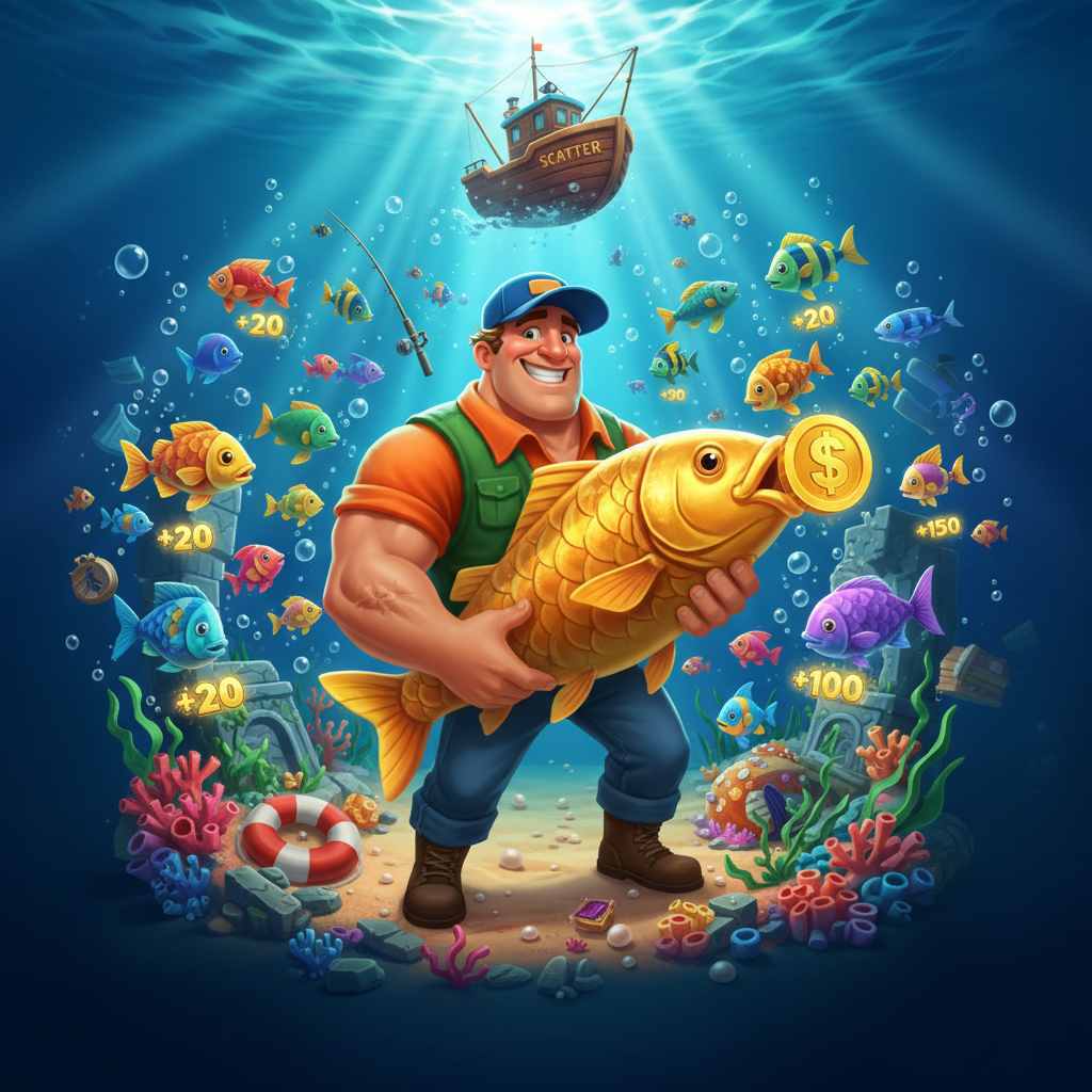 Fishin' Frenzy slot main game screen showing 5x3 reel grid with underwater theme, orange-red title text and cartoon sun icon