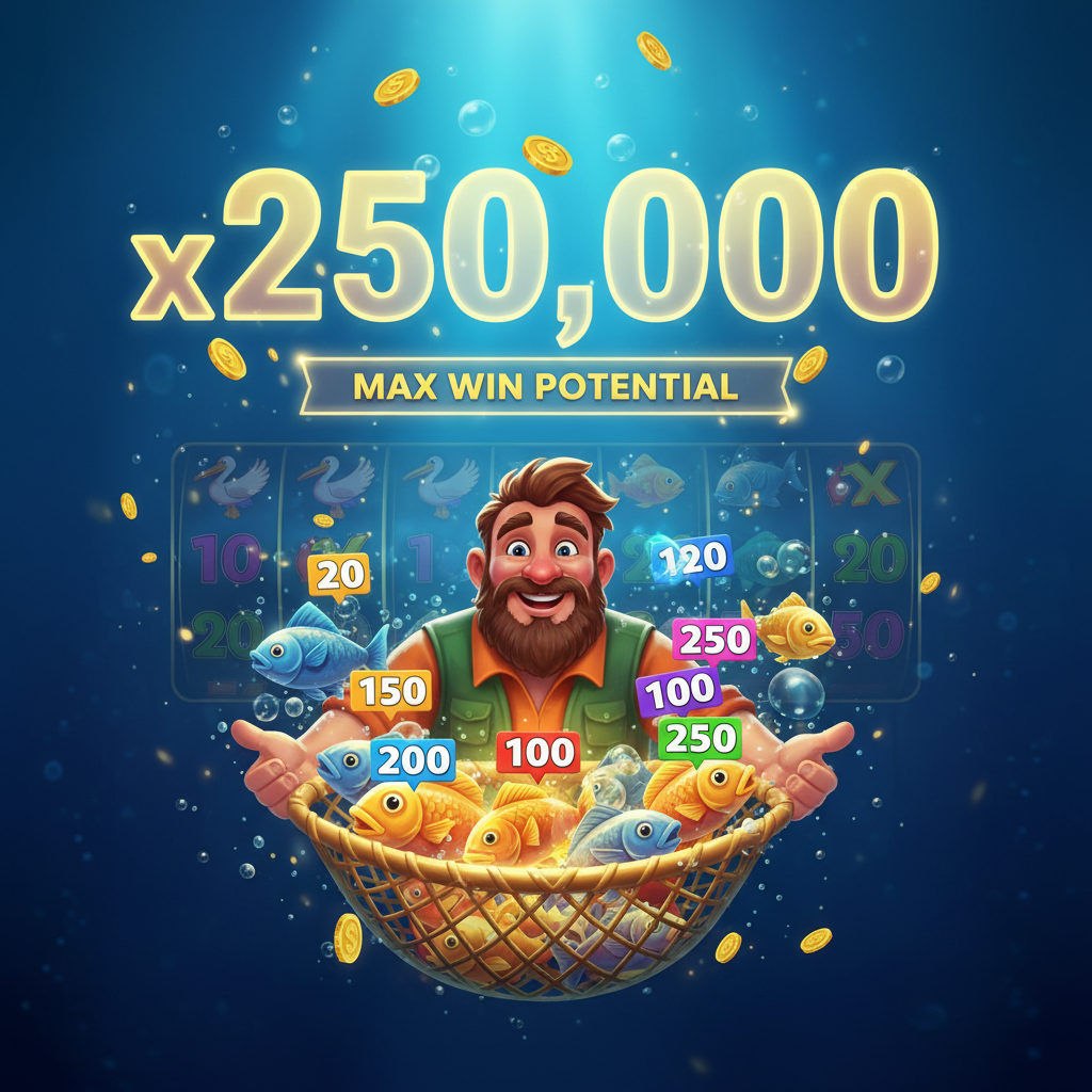 Fishin' Frenzy maximum win potential of x250,000 the total bet, achievable through the Fisherman Wild collection mechanic in Free Games