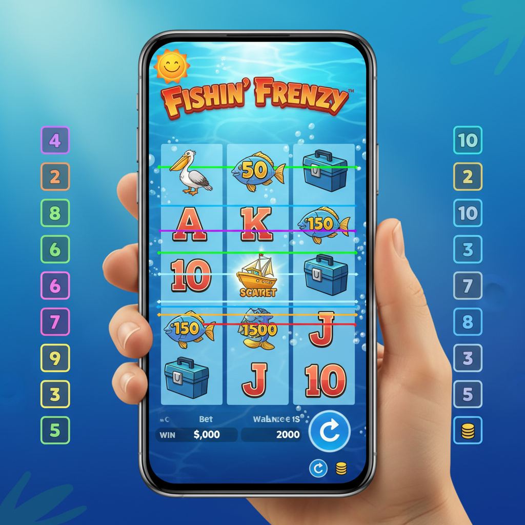 Fishin' Frenzy slot game displayed on a mobile phone screen showing the adapted touch-friendly interface for iOS and Android devices