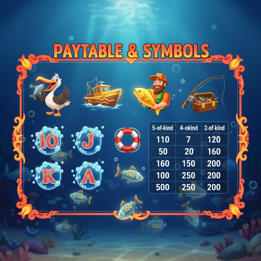 Fishin' Frenzy paytable showing all symbols including Pelican, Fishing Rod, Life Ring, Tackle Box, Boat Scatter and Fisherman Wild with their payout values
